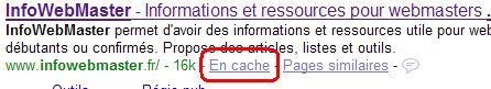 Capture d'Ã©cran du SERP Google prÃ©sentant l'option pour consulter la version en cache